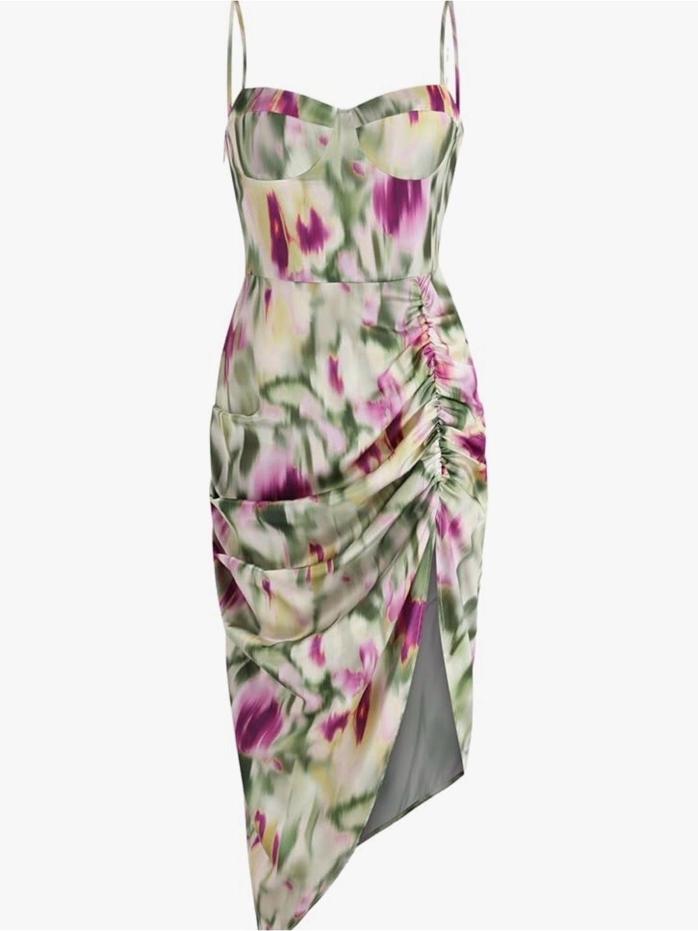 Cider Illusion Midi Floral Ruched Satin Midi Dress in Pink and Green